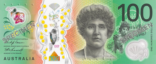 Australian 100$ front image featuring Dame Nellie Melba