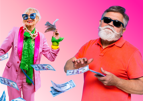 zwei ältere menschen mit bargeld, lustig, zukunft von bargeld